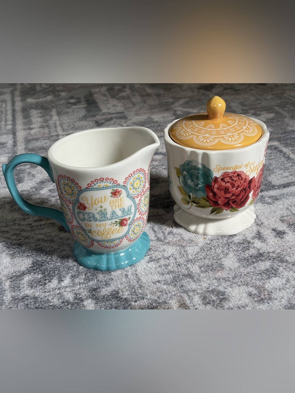 The Pioneer Woman Blossom Jubilee Floral Creamer & Sugar Set in Aqua and Yellow
